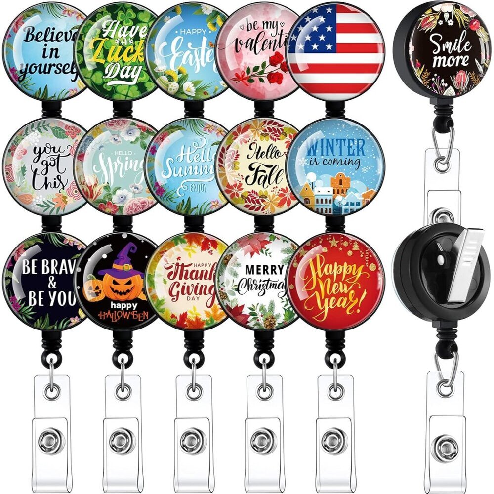 16 Pack Retractable Seasonal Badge Reels Holiday Badge Holder All Season ID Hold